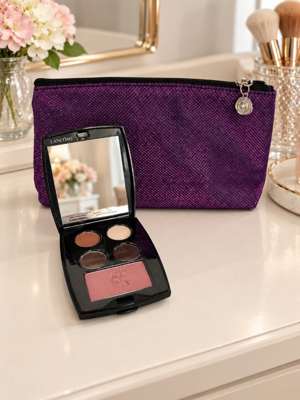 Lancôme Bundle - Purple Makeup Bag + Eyeshadow & Blush Palette NWOT